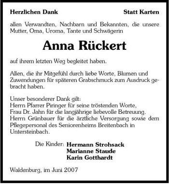 Traueranzeige von Anna Rückert 
