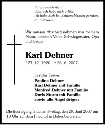 Traueranzeige von Karl Dehner 