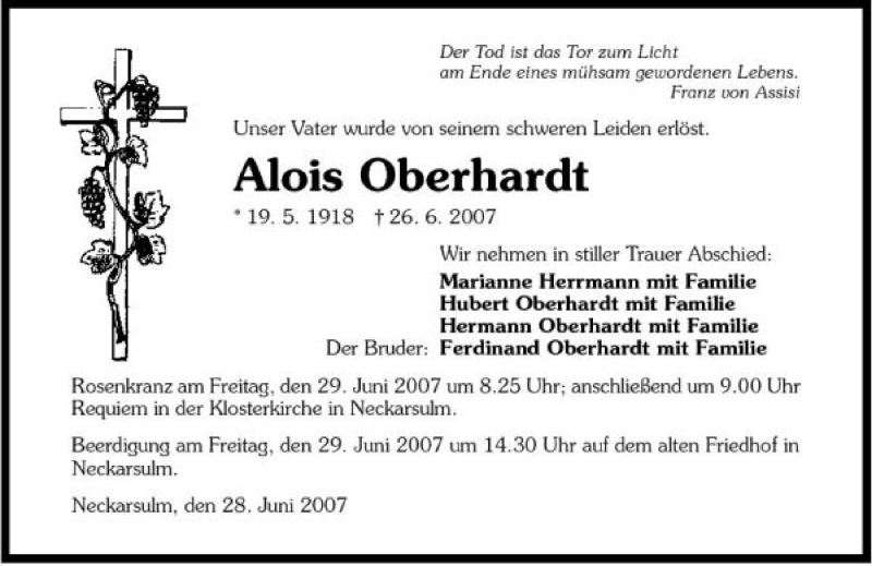  Traueranzeige für Alois Oberhardt vom 28.06.2007 aus 