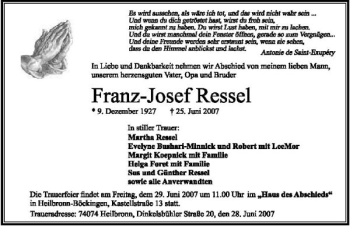 Traueranzeige von Franz-Josef Ressel 