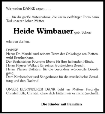 Traueranzeige von Heide Wimbauer 