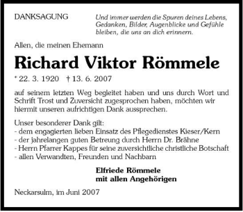 Traueranzeige von Richard Viktor Römmele 