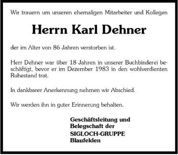 Traueranzeige von Karl Dehner 