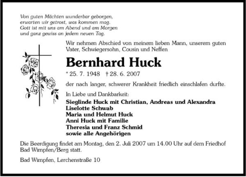  Traueranzeige für Bernhard Huck vom 30.06.2007 aus 