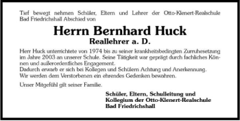 Traueranzeige von Bernhard Huck 