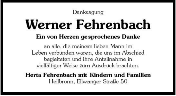 Traueranzeige von Werner Fehrenbach 