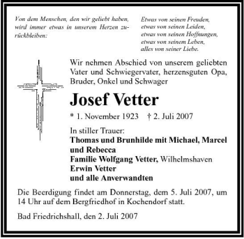 Traueranzeige von Josef Vetter 