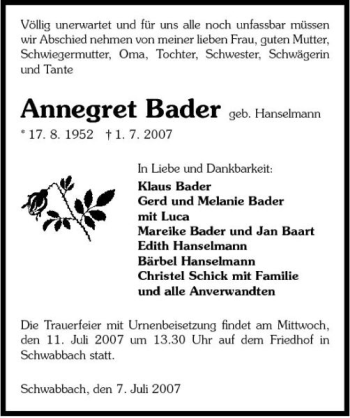 Traueranzeige von Annegret Bader 