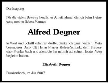 Traueranzeige von Alfred Degner 