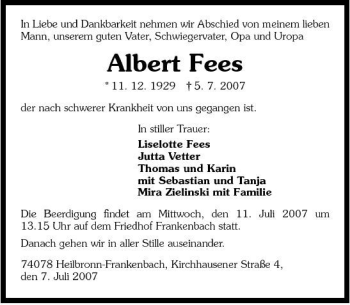 Traueranzeige von Albert Fees 