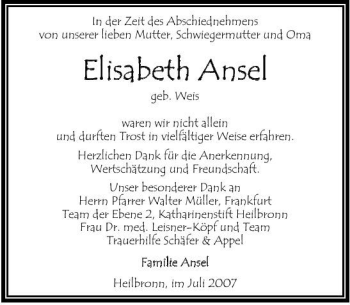 Traueranzeige von Elisabeth Ansel 