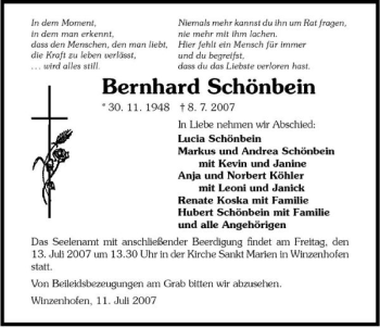 Traueranzeige von Bernhard Schönbein 