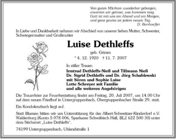 Traueranzeige von Luise Dethleffs 