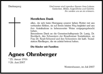 Traueranzeige von Agnes Ohrnberger 