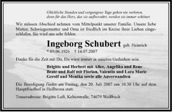 Traueranzeige von Ingeborg Schubert 