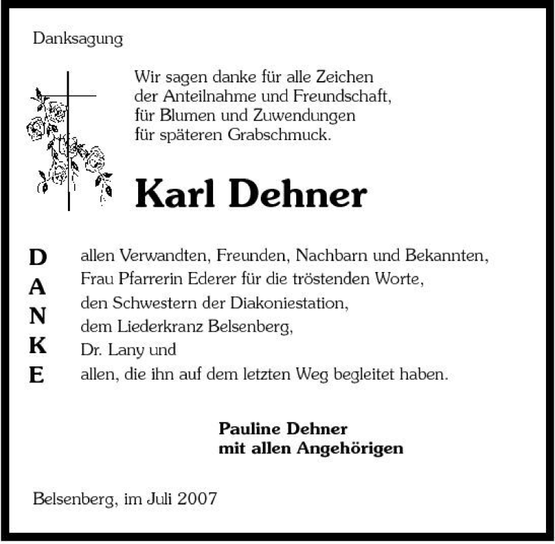  Traueranzeige für Karl Dehner vom 20.07.2007 aus 