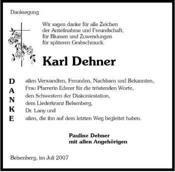 Traueranzeige von Karl Dehner 