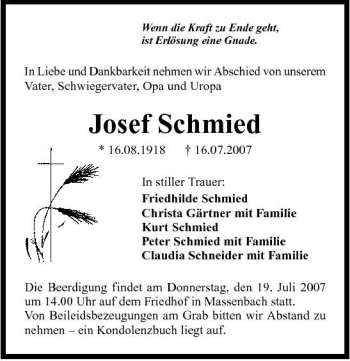 Traueranzeige von Josef Schmied 