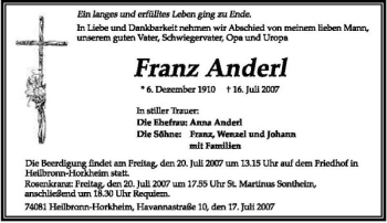 Traueranzeige von Franz Anderl 
