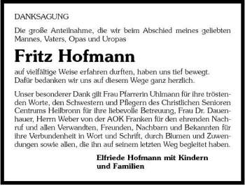 Traueranzeige von Fritz Hofmann 