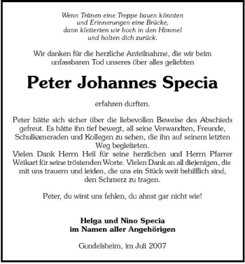 Traueranzeige von Peter Johannes Specia 