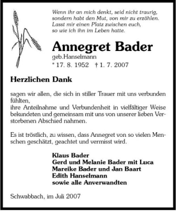 Traueranzeige von Annegret Bader 