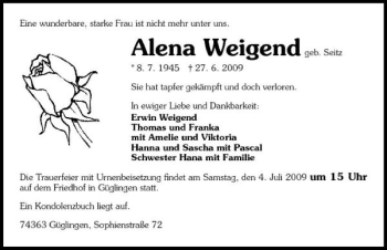 Traueranzeige von Alena Weigend 