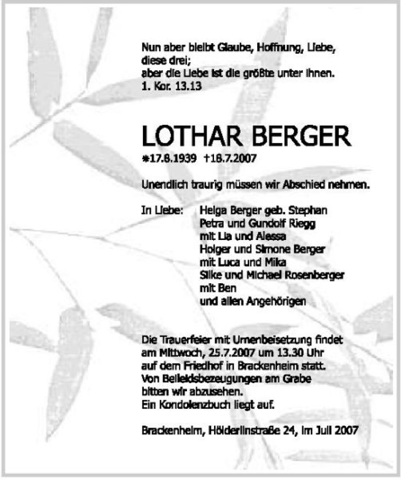 Traueranzeige für Lothar Berger vom 21.07.2007 aus 