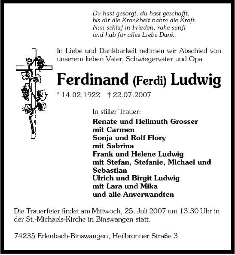  Traueranzeige für Ferdinand Ludwig vom 24.07.2007 aus 