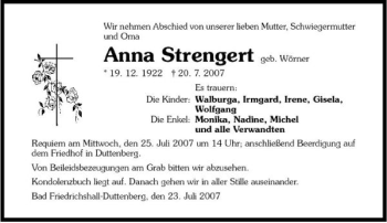 Traueranzeige von Anna Strengert 