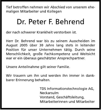 Traueranzeige von Dr. Peter Behrend 