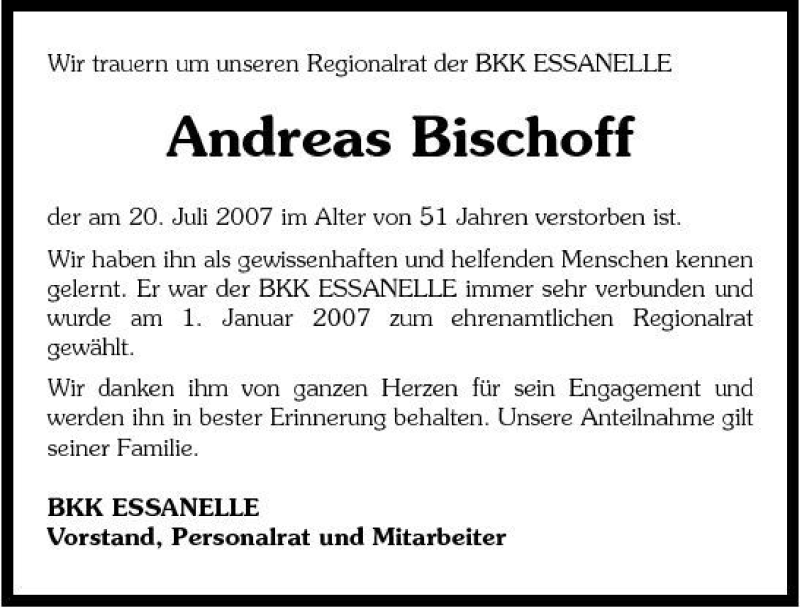  Traueranzeige für Andreas Bischoff vom 27.07.2007 aus 
