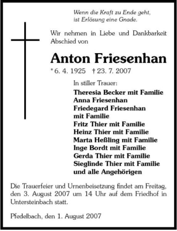 Traueranzeige von Anton Friesenhan 