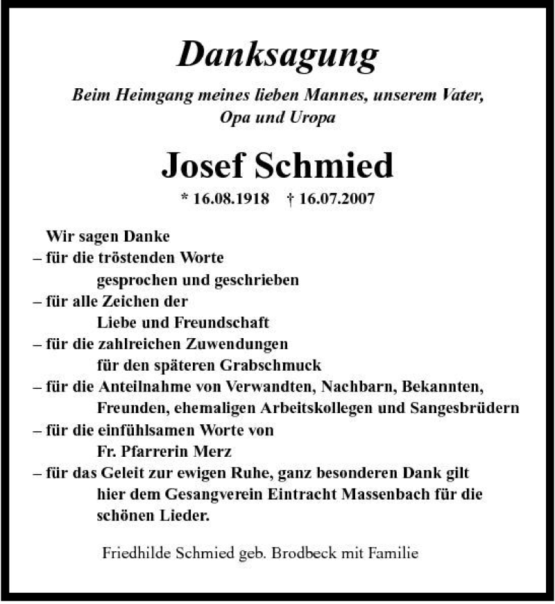  Traueranzeige für Josef Schmied vom 01.08.2007 aus 