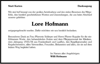 Traueranzeige von Lore Hofmann 
