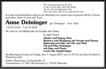 Traueranzeige von Anne Deininger 