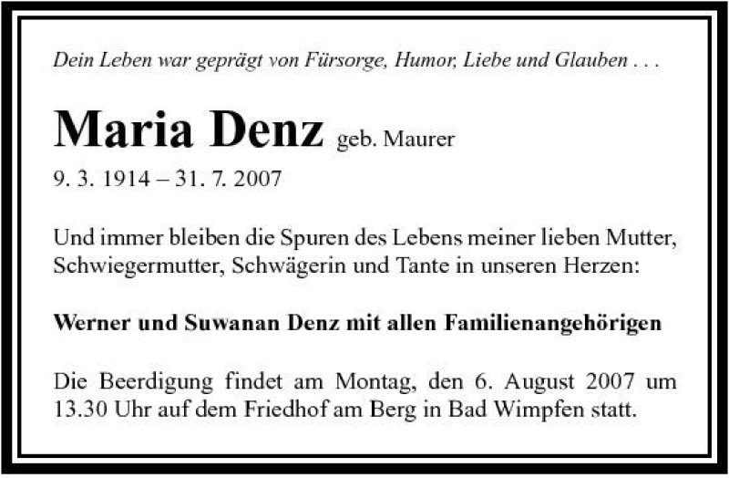  Traueranzeige für Maria Denz vom 03.08.2007 aus 