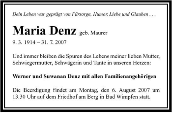 Traueranzeige von Maria Denz 