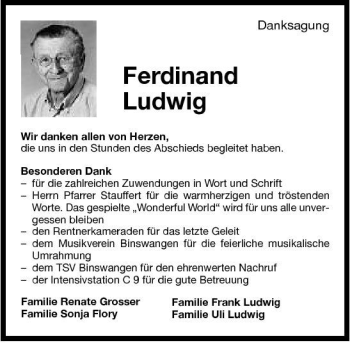 Traueranzeige von Ferdinand Ludwig 