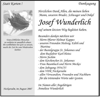 Traueranzeige von Josef Wunderlich 