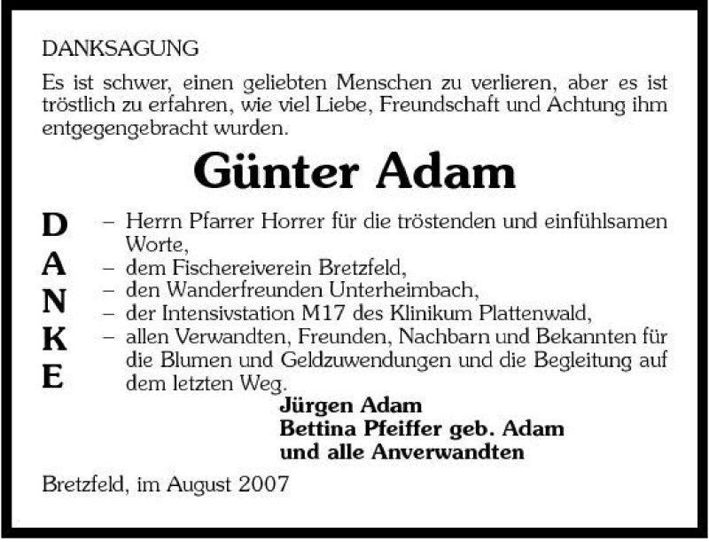  Traueranzeige für Günter Adam vom 04.08.2007 aus 