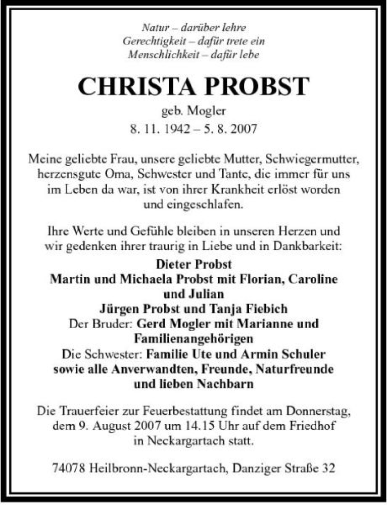  Traueranzeige für Christa Probst vom 07.08.2007 aus 
