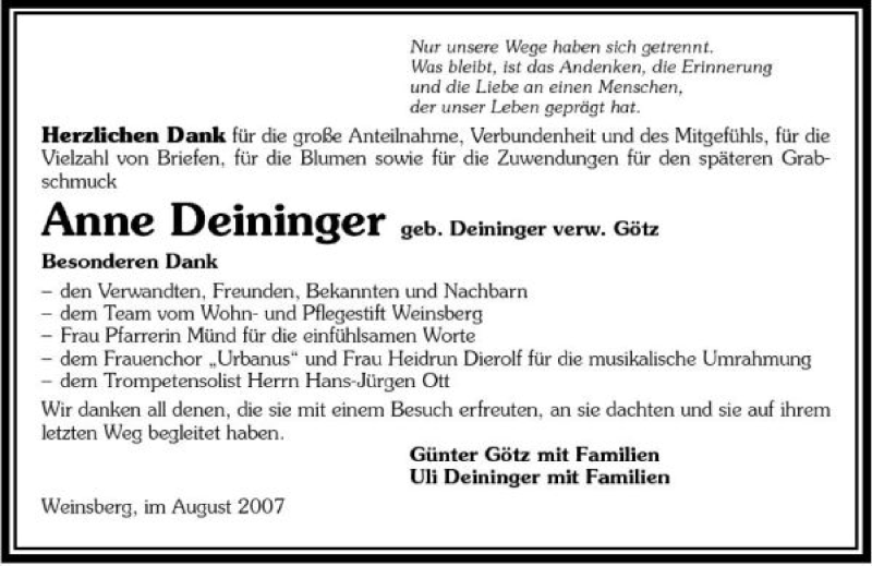  Traueranzeige für Anne Deininger vom 11.08.2007 aus 