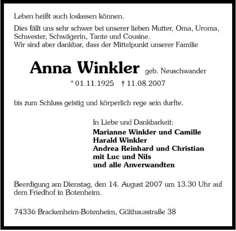  Traueranzeige für Anna Winkler vom 13.08.2007 aus 