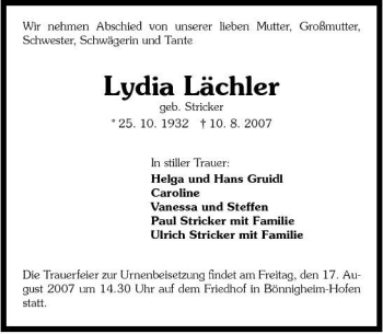 Traueranzeige von Lydia Lächler 