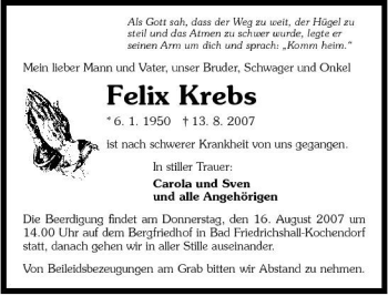 Traueranzeige von Felix Krebs 