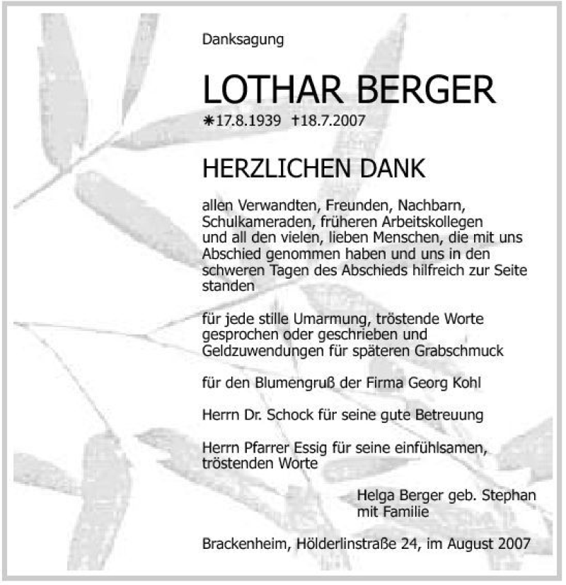  Traueranzeige für Lothar Berger vom 17.08.2007 aus 
