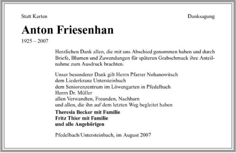  Traueranzeige für Anton Friesenhan vom 18.08.2007 aus 