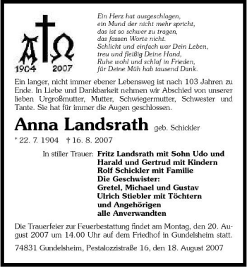 Traueranzeige von Anna Landsrath 