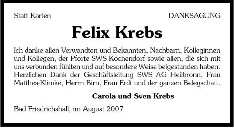  Traueranzeige für Felix Krebs vom 22.08.2007 aus 